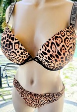 victorias secret bikini set 38D XL shine strap padded pushup leopard rhinestone