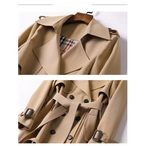 Women's Double Breasted Long Trench Coat Windproof Classic Lapel Belted Overcoat - Picture 6 of 25