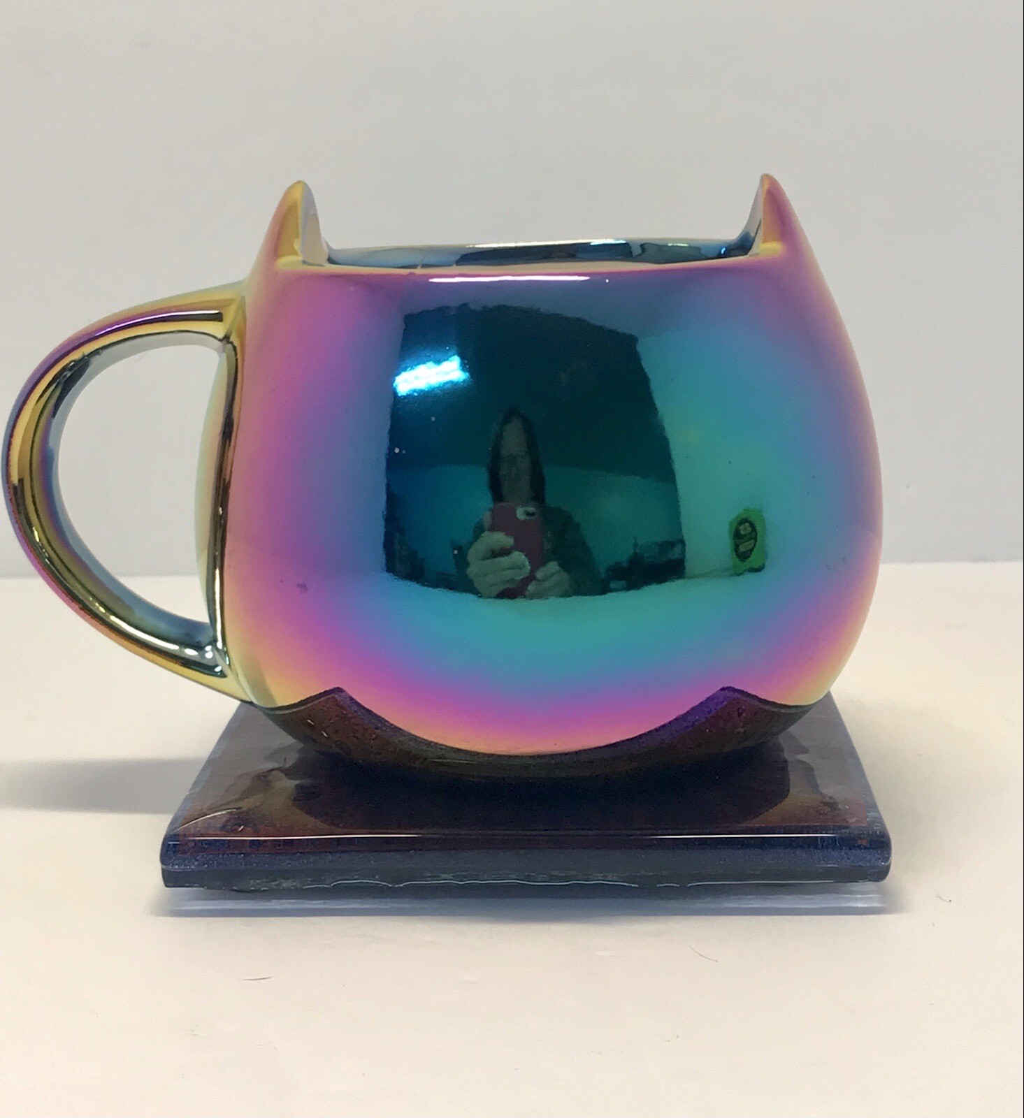 Cat Ear Mug Shiny Rainbow Mirror Oil Slick Finish & Purple Glass Coaster