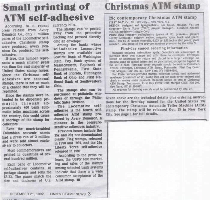 1992 LOCOMOTIVE ATM SHEET Christmas Sc 2719a  LIMITED PRINTING V11111 - Image 2 of 2