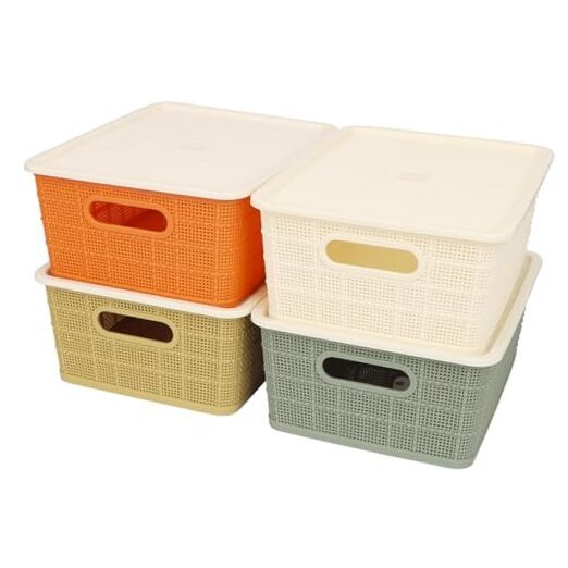 Storage Baskets for Shelves, 4 Pcs Small Storage Bins with Lids Stackable-image