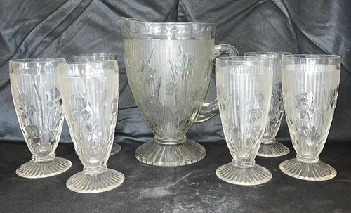 Vintage Iris And Herringbone Clear Pitcher & (6) Glass Tumbler Set, VGVC