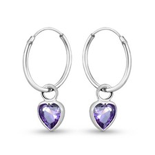 Gleaming Heart Purple Cubic Zirconia Sterling Silver Hoop Dangle Earrings