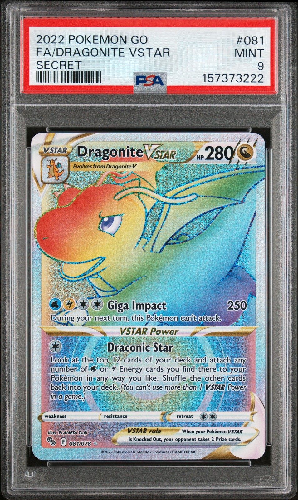 2022 POKEMON GO SECRET #081 FULL ART/DRAGONITE VSTAR PSA 9