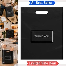 Thank You Plastic Shopping Bags 12 x 15 Inch Black 100 Pack Die Cut Handles