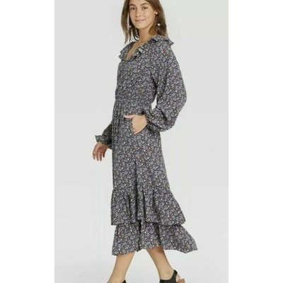 Universal Thread Goods Co Ruffle V-Neck Dress Women's XS Black Botanical Floral