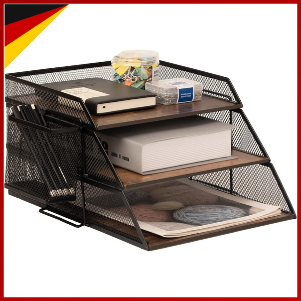 Briefablage Holz Metall Vintage Stapelbar Schreibtisch-Organizer 3 Stufen Akten-image