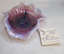 VTG Fenton Plum Opalescent Pinched Ruffle Edge Trinket Dish W/Butterfly Center