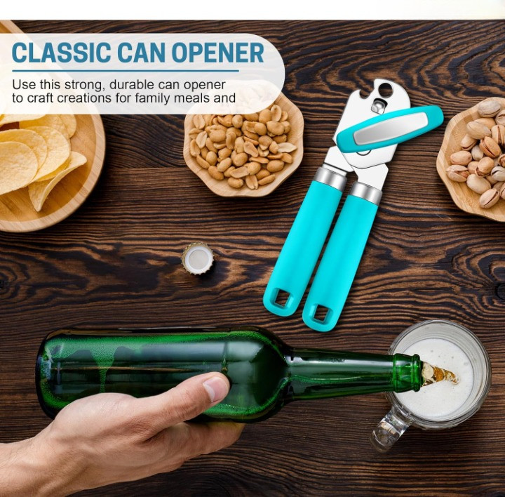 Manual Can Opener Heavy Duty Stainless Steel Smooth Edge Soft Grip Bottle Opener