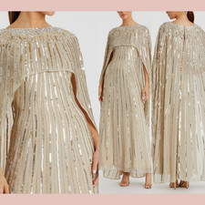 NWT Mac Duggal [ 4 ] 93869 Embellished Beaded Column Cape Gown Champagne S1468