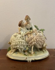 Germany UnterWeissBach Dresden Lace Porcelain Figurine Ladies Courtship 7” H