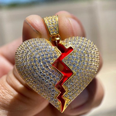 5Ct Round Cut Tester Pass Moissanite Broken Heart Pendant 14k Yellow Gold Plated