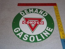 VINTAGE DEMAND CONOCO GASOLINE W/ TRI-ANGLE 11 3/4" PORCELAIN METAL GAS OIL SIGN