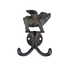 Metal Flying Pig Double Wall Hook Key Coat Towel Hanger Rustic Antique Style