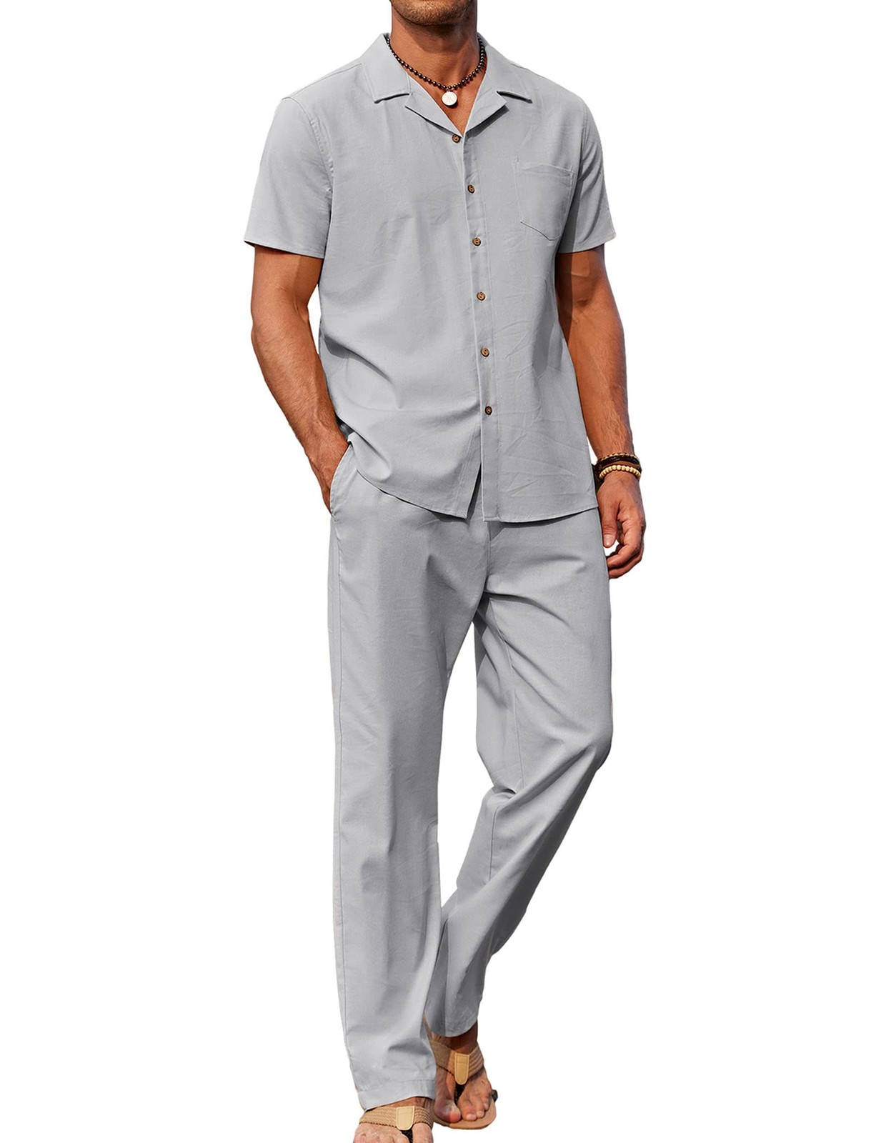 Men's 2PC Linen Outfit Beach Button Down Shirt Casual Loose Pant LightGrey Large
