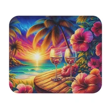 Tropical Paradise Mouse Pad - Beach Art, Hibiscus Flowers, Wine Glass Desk Mat