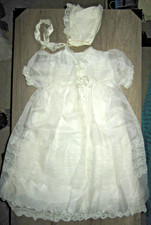 Vtg white lace trimmed christening set - gown, slip, robe,  bonnet