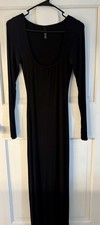 SKIMS Black Ribbed Long Sleeve Maxi Dress Size M Bodycon Stretch Minimalist