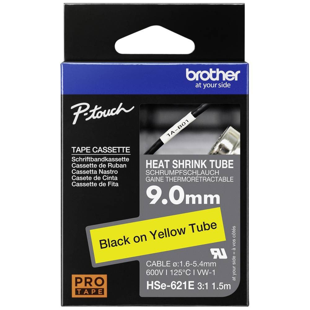 Ruban Brother HSE621E jaune de 9.0 mm, cartouche de marquage conforme aux normes