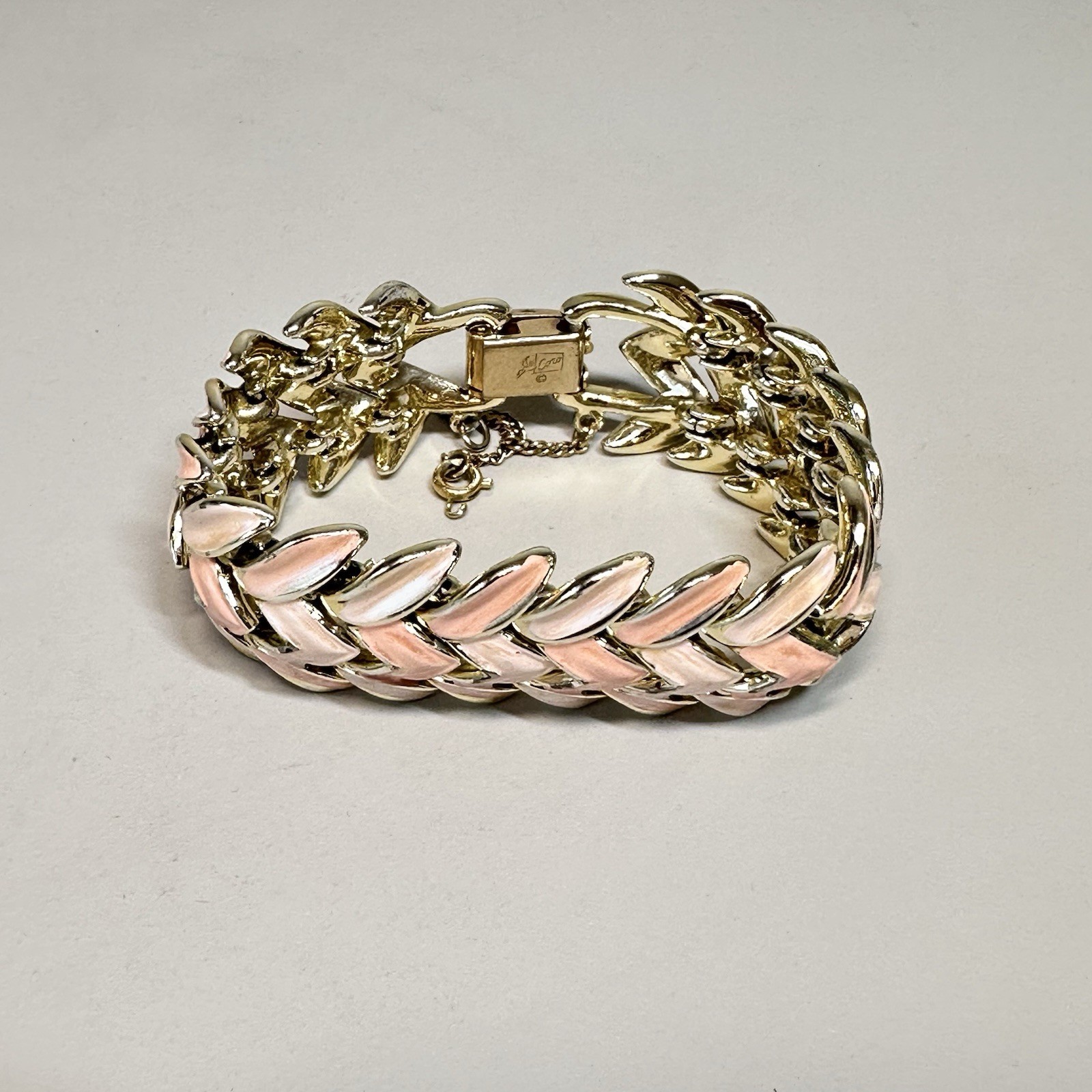 Vintage Coro Pink Enamel Link Bracelet Gold-tone 6.75