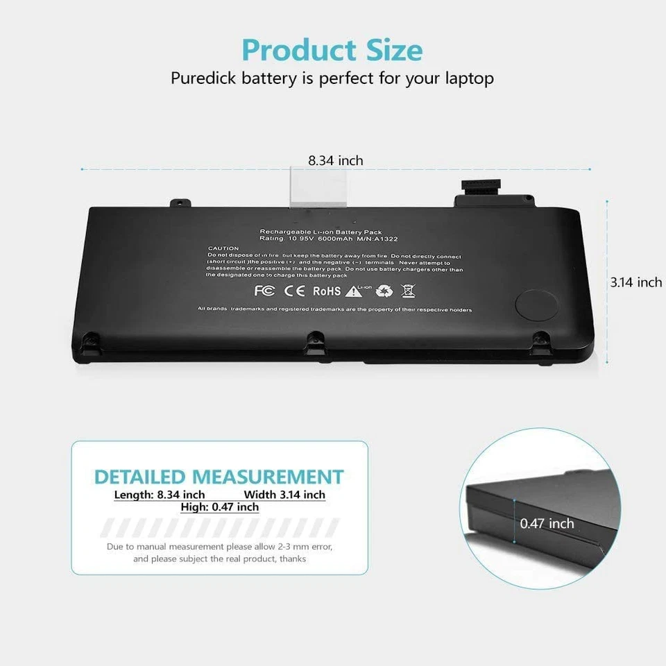 Batería A1322 para Apple MacBook Pro 13 pulgadas A1278 mediados de 2009 2010 2011 2012 Foto 3 de 4
