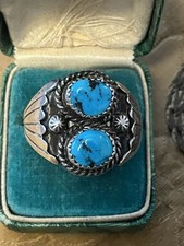 Antique Vintage Navajo 2 stone Blue Gem Old Turquoise Sterling Silver Ring 9.5 G