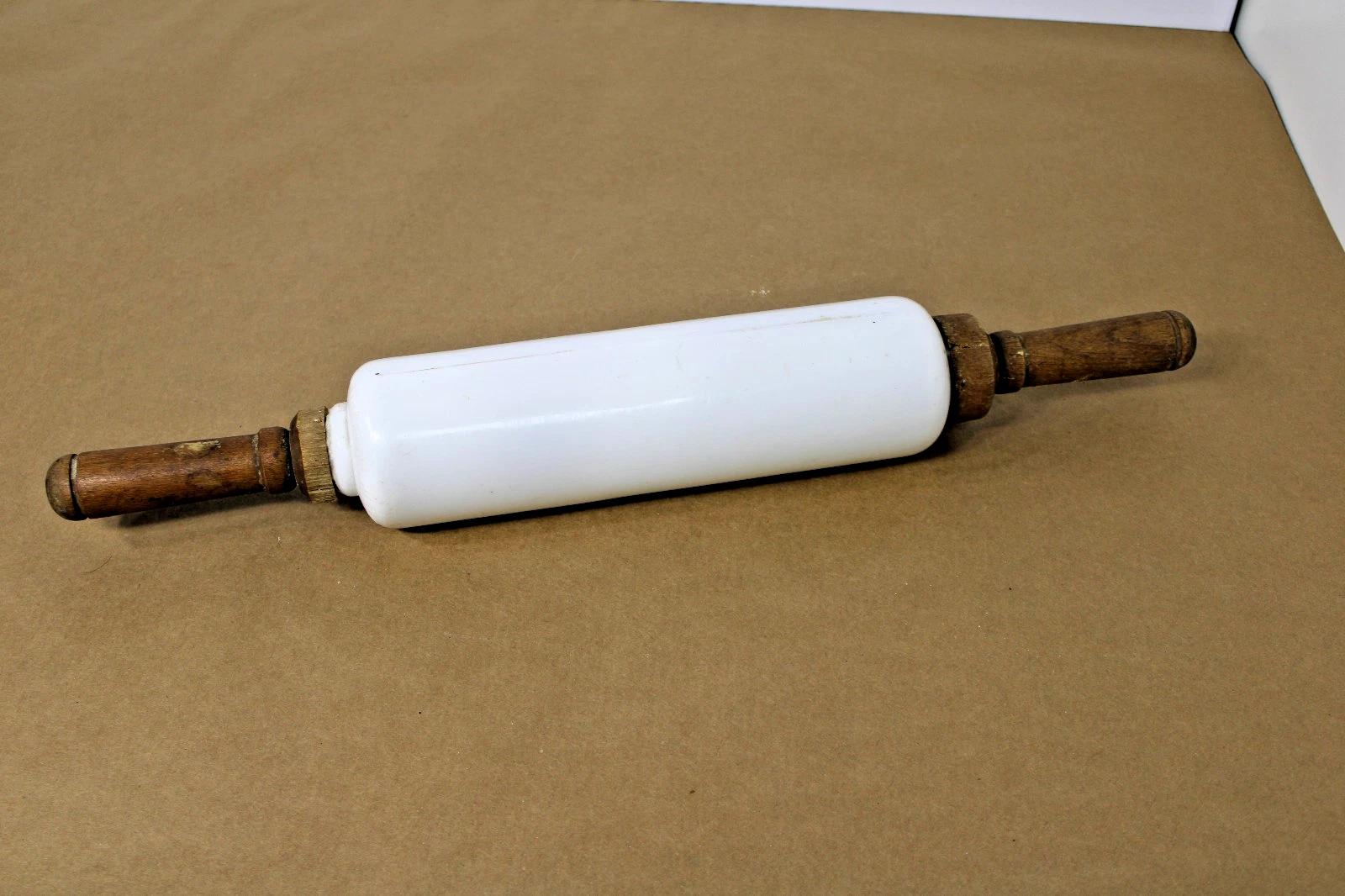 Antique Imperial Mfg White Glass 19" Rolling Pin Wooden Handle Farmhouse Cottage