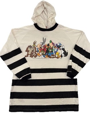 Vintage 1991 Novel Teez Long Sleeve Hooded Looney Tunes Striped