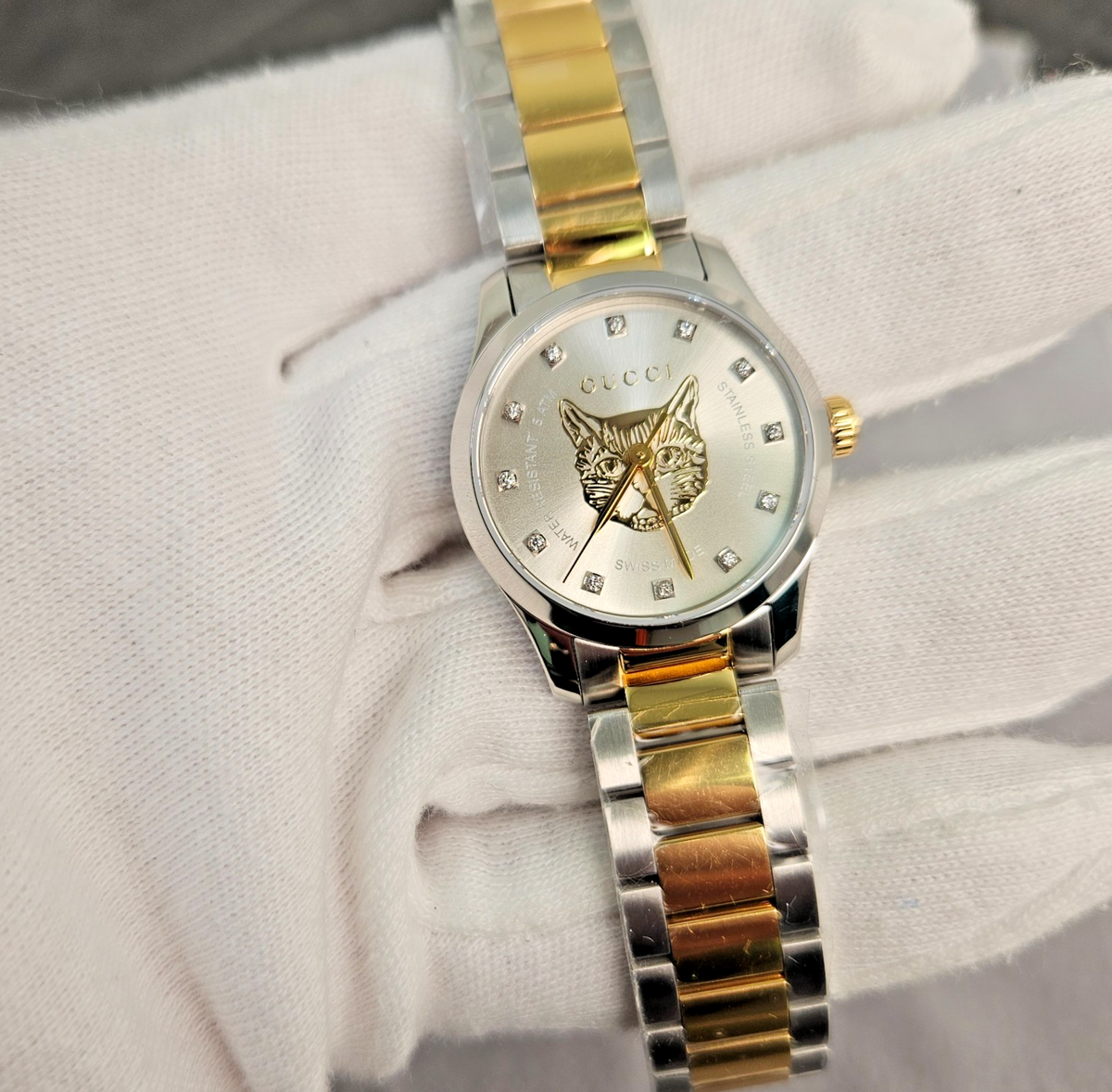 GUCCI G-Timeless Two-Tone Mythic Cat Silver Dial Diamond Markers