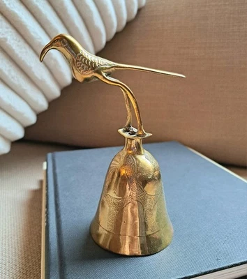 Vintage Indian Brass Bell Bird Peacock Decorative Etched Table Bell Bohemian - Image 1 of 4
