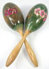 Vintage Mexican Maracas Large 12" Hand Painted Carved Pair Floral Green Wooden