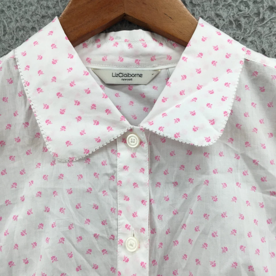 Camisa Liz Claiborne Mujer 10 Blanco Rosa Paisley Manga Flutter Abotonada NUEVA Foto 4 de 4