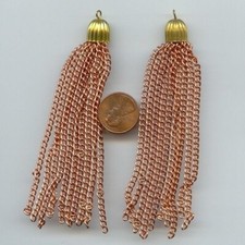 2 VINTAGE BRASS CAP COPPER COATED STEEL 10 CURB CHAIN 4" BEAD TASSELS T68