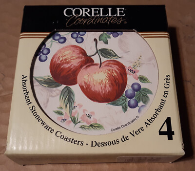 4 Four Corelle Coordinates Apples Blueberries Fruit Stoneware Coasters Cork Back