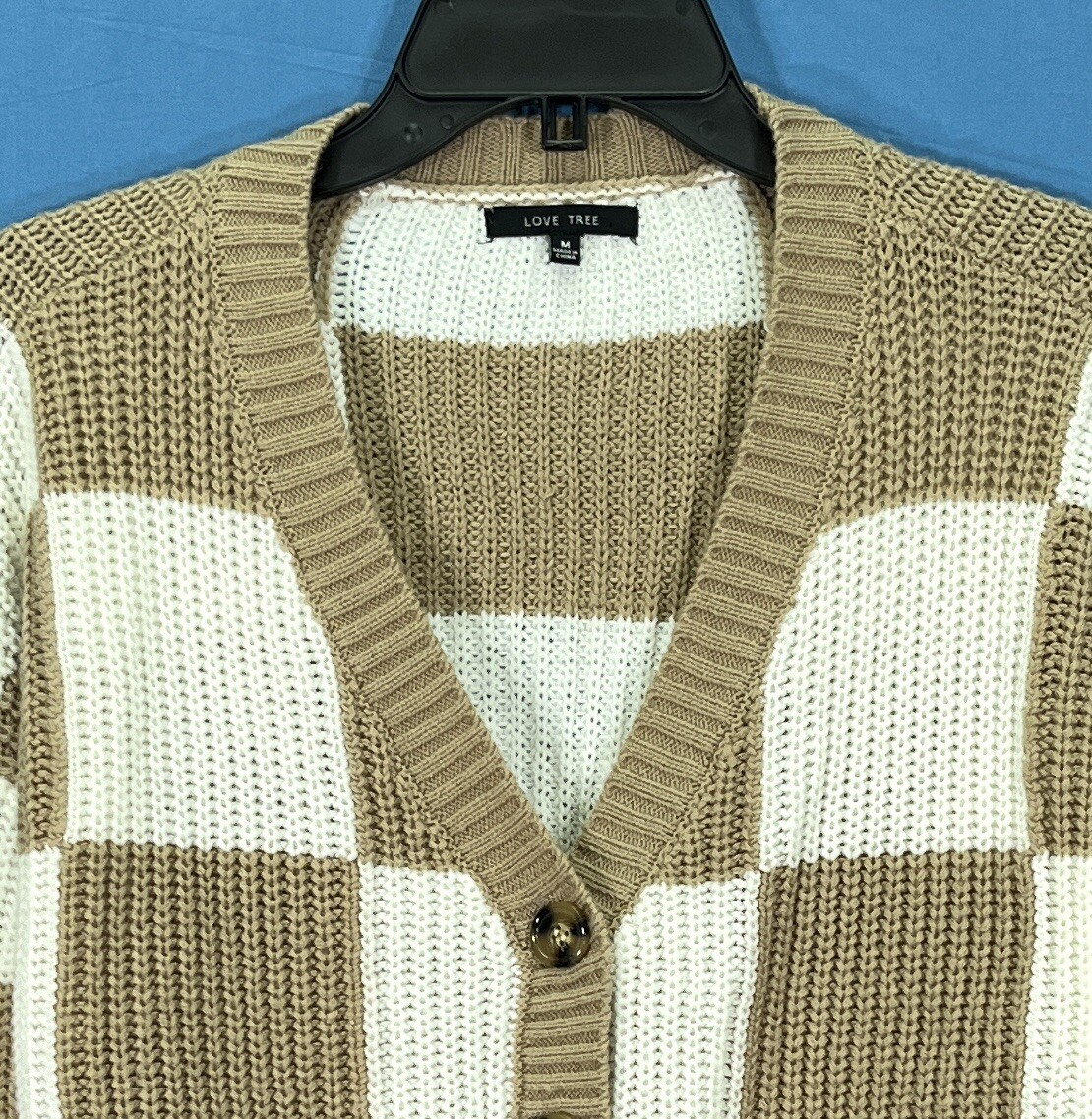 LOVE TREE Tan/White CHECK Mid-Weight Knit BUTTON-UP Cropped SWEATER CARDIGAN M