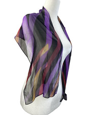 Ellen Tracy Scarf Silk Unisex Striped Black Purple Sheer 50x11