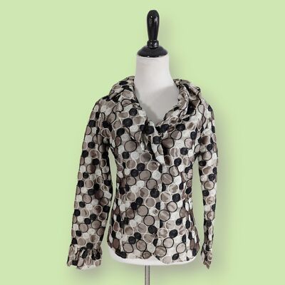 Samuel Dong Womens Circle Pattern Ruffle Blazer Jacker Brown White Black S