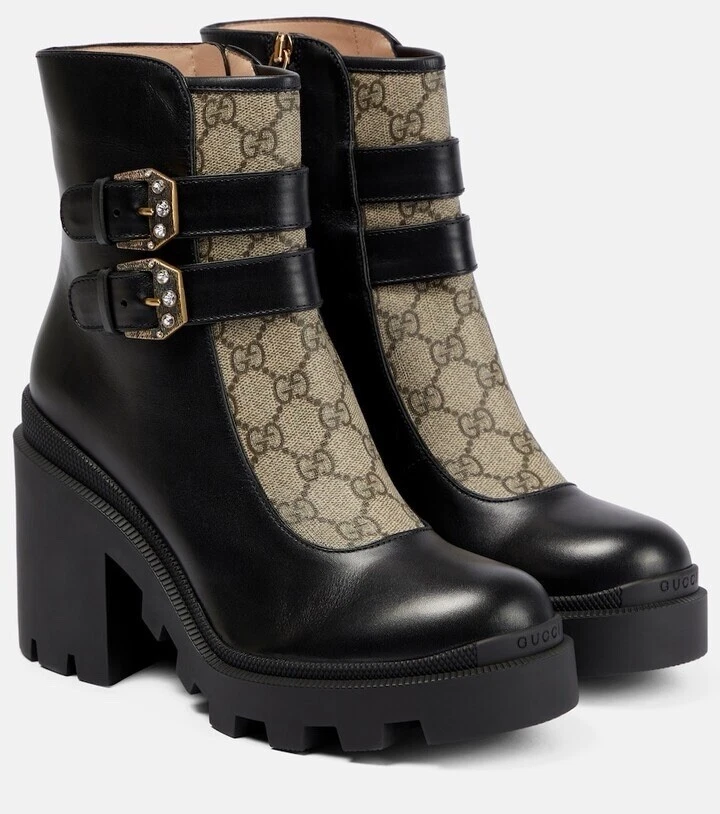 Gucci Gg Supreme Botte Femme Toile et Cuir Noir 40