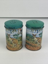 Vintage Australiana Salt & Pepper Tin Shakers Kangaroo Emu Echidna Rosella