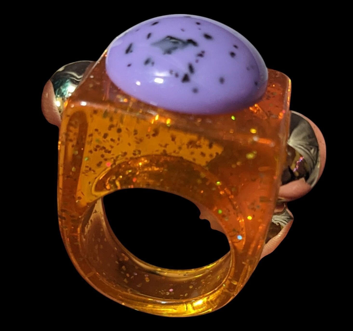 Chunky Translucent Orange Glitter Ring With Gold … - image 2
