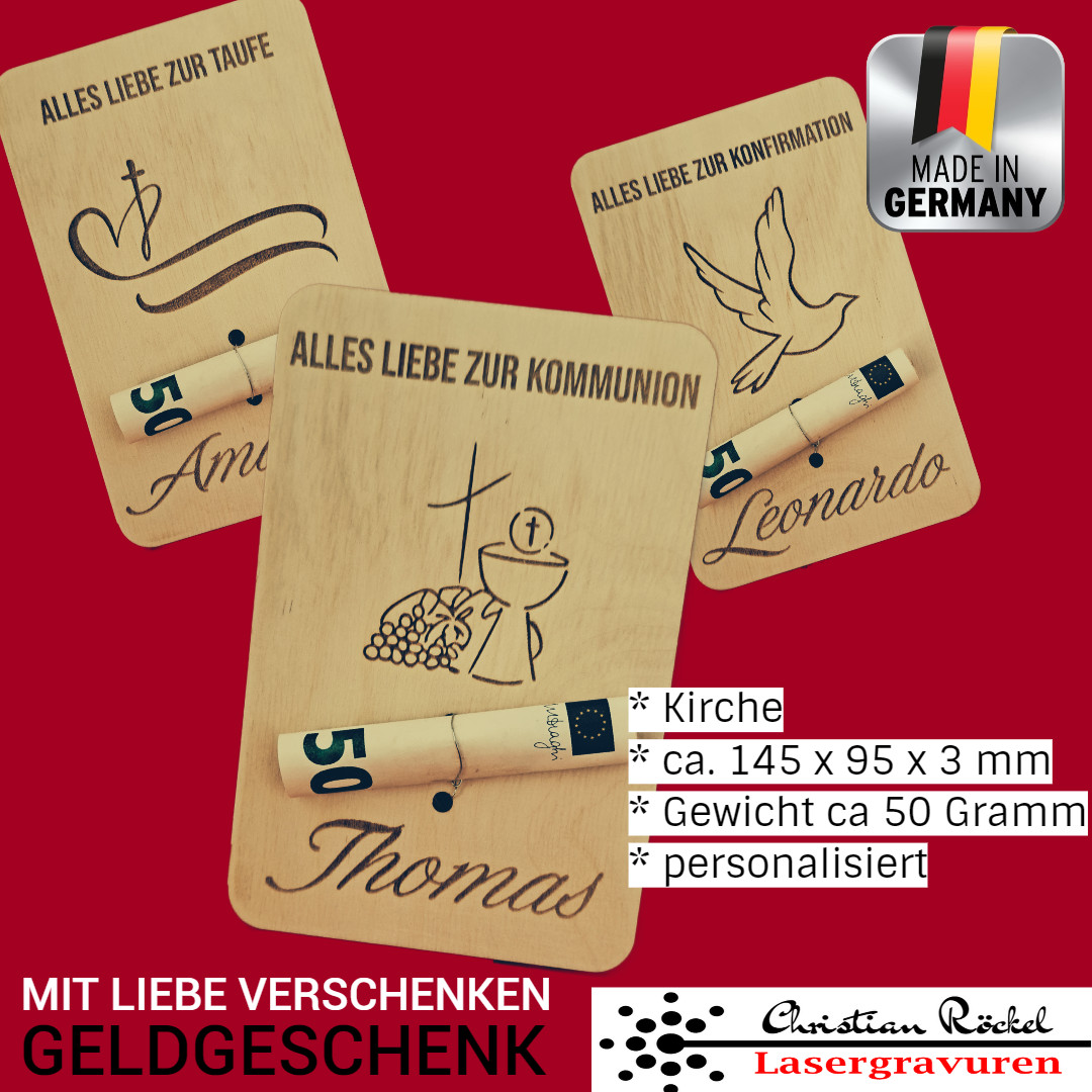 Personalisiertes Holz-Geldgeschenk zur Taufe, Kommunion oder Konfirmation