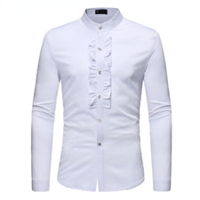 Mens Ruffle Tuxedo Dress Shirts Slim Fit Long Sleeve Stand Collar Shirt Prom