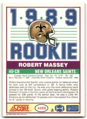 1989 Score Rookie Robert Massey Rookie New Orleans Saints #426S | eBay