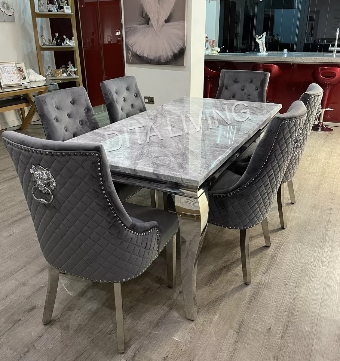 180cm marble dining table 6 Quilted back velvet lion knocker chairs Dark Grey