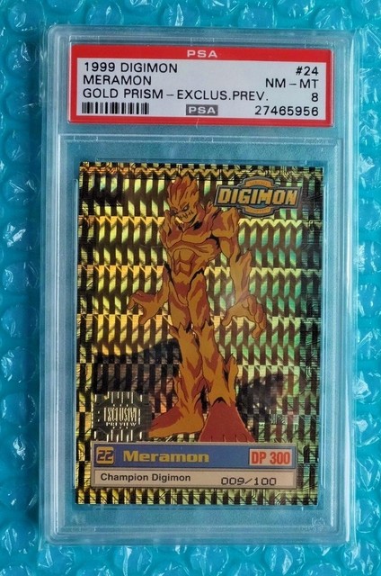 1999 Digimon *MERAMON* #24 Gold Prism Exclusive Preview # Card 009/100 PSA-8