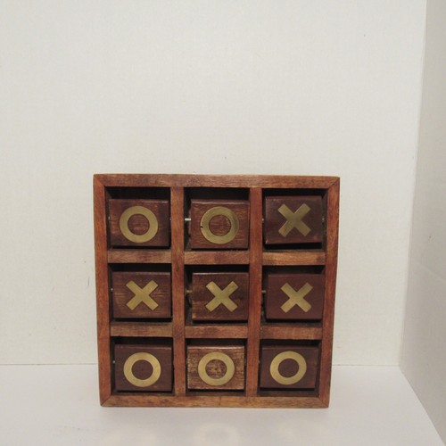 Vintage Style Wood Tabletop Revolving Tic Tac Toe Board Game w/Brass