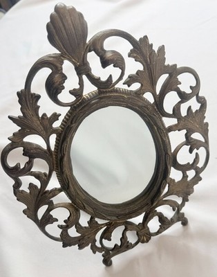 VTG Victorian Cast Iron Gold Gilt Vanity Oval Mirror or Picture Frame Easel Back