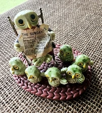 Vintage Wise Owl Dad With 6 Owlets Rocking Chair Figurine