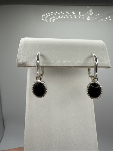 FAS 925 Sterling Silver Black Onyx Oval Leverback Dangle Earrings