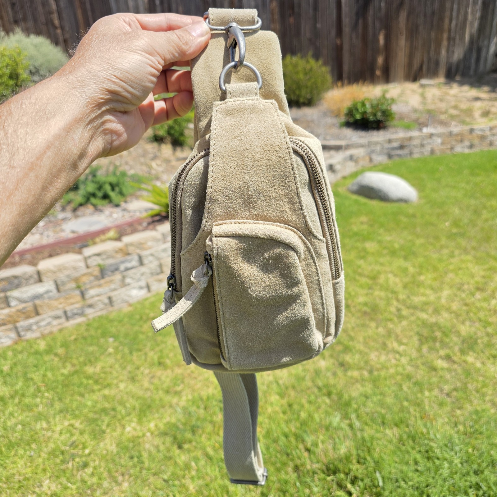Free People Hudson Suede Leather Sling Bag Crossbody Purse Beige